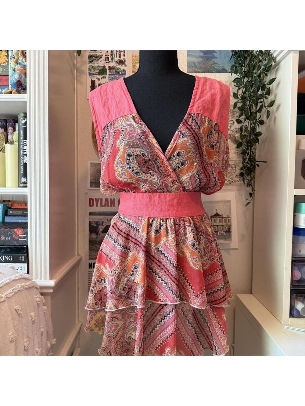 Vintage Eva Tralala Paris Coral Paisley Wrap Tiered Dress Size 6